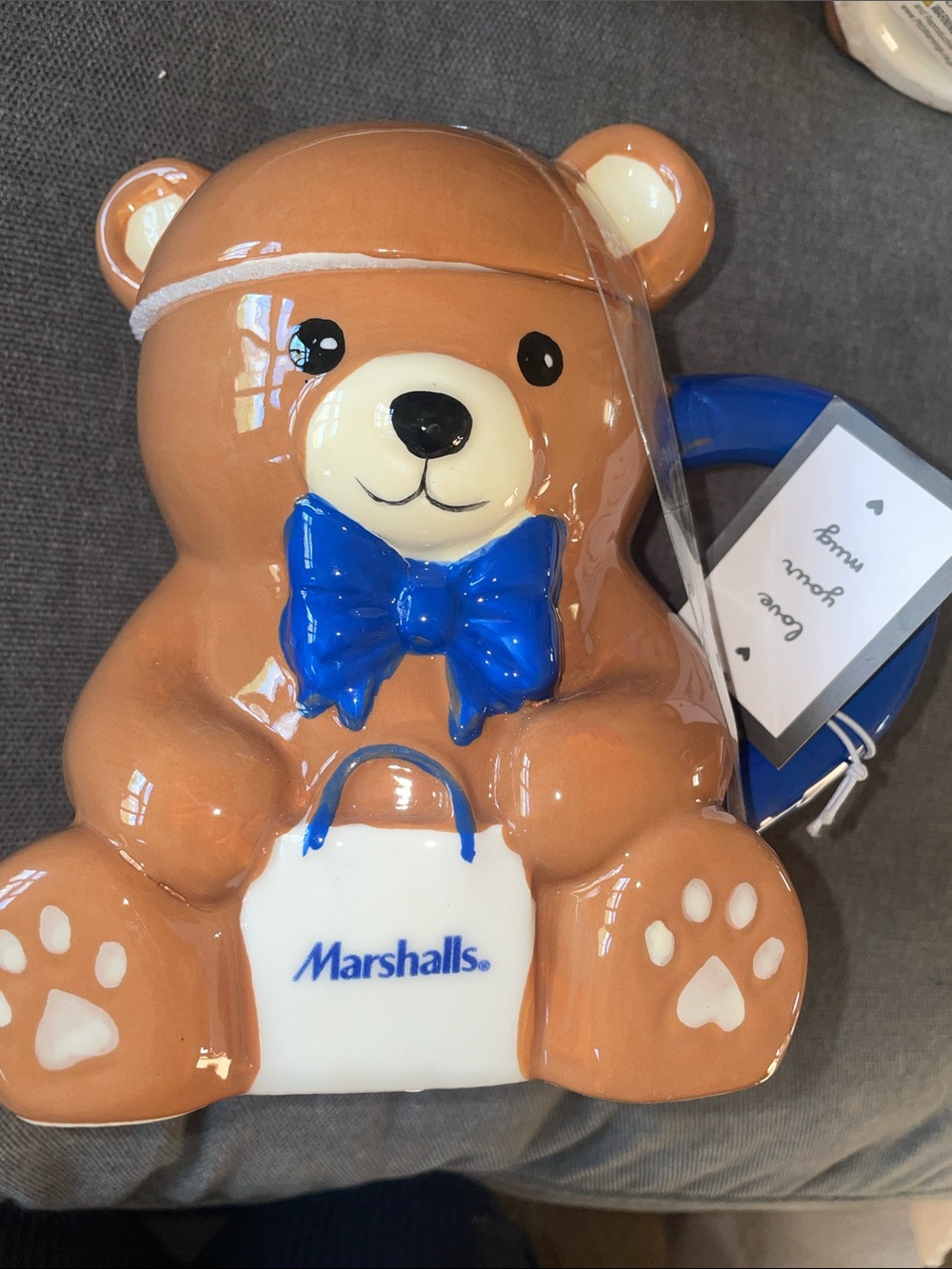 Marshalls Brown Ceramic Teddy Bank with Bright Blue Bow